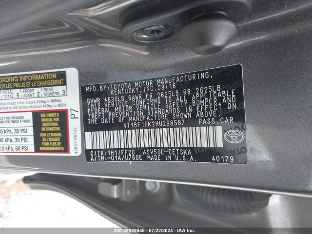 Toyota CAMRY SE 2017 4T1BF1FK2HU298587 Image 9