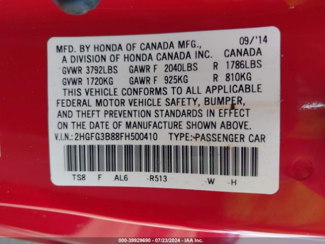 2HGFG3B88FH500410 Honda CIVIC EX