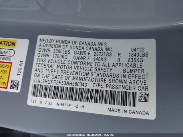 2HGFE2F53NH580343 Honda Civic Sport