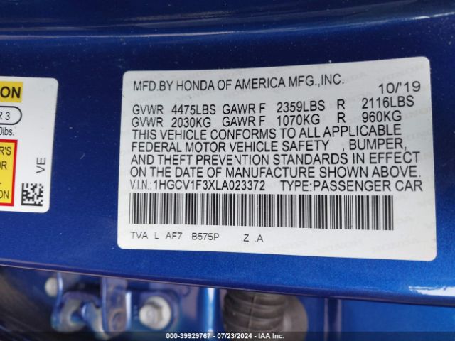 1HGCV1F3XLA023372 Honda Accord Sport