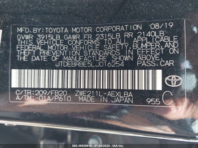 Toyota Corolla Hybrid Le 2020 JTDEBRBE5LJ016254 Image 9