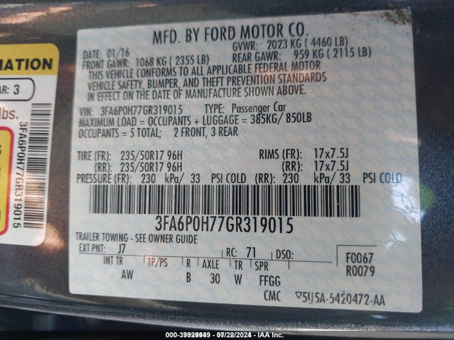 Ford FUSION SE 2016 3FA6P0H77GR319015 Image 9