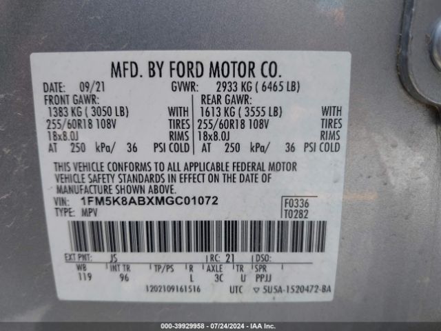 1FM5K8ABXMGC01072 Ford Police Interceptor Utility