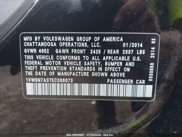1VWBN7A37EC066673 Volkswagen Passat 2.0l Tdi Se