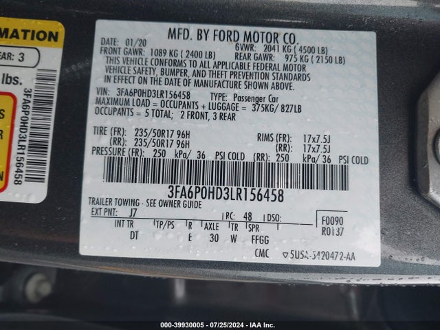 Ford FUSION SE 2020 3FA6P0HD3LR156458 Image 9