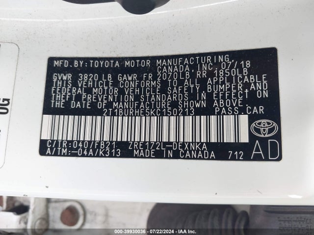 Toyota COROLLA LE 2019 2T1BURHE5KC150213 Image 9