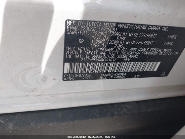 2T3RWRFV0RW194017 Toyota Rav4 Hybrid Xle