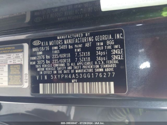 5XYPH4A53GG176277 KIA Sorento 3.3l Ex