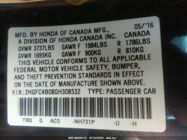 2HGFC4B08GH308532 Honda Civic Lx-p