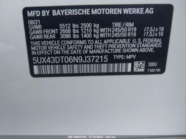 5UX43DT06N9J37215 BMW X4 M40i