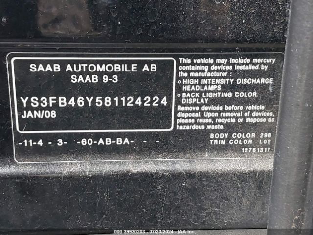 2008 SAAB 9-3 YS3FB46Y581124224 Photo 8