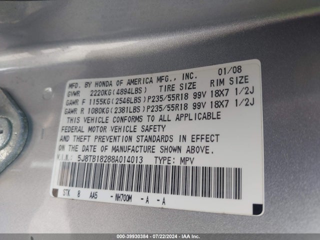 Продажа на аукционе авто 2008 Acura Rdx, vin: 5J8TB18288A014013, номер лота: 39930384