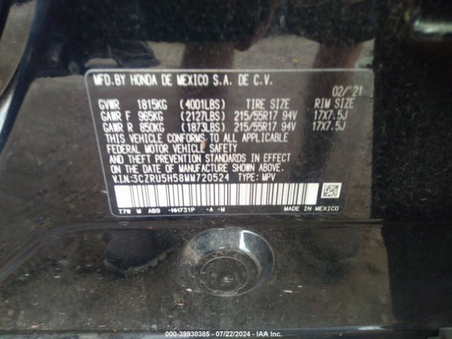 3CZRU5H58MM720524 Honda Hr-v 2wd Ex