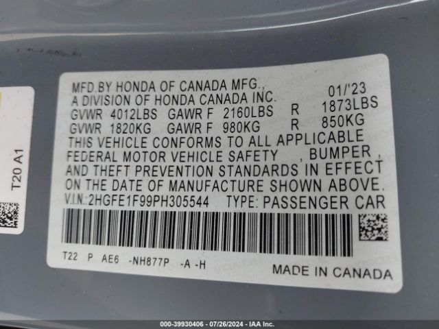 2HGFE1F99PH305544 Honda Civic Touring