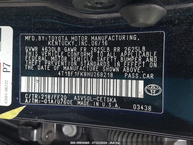 Toyota CAMRY SE 2017 4T1BF1FK8HU268218 Image 9