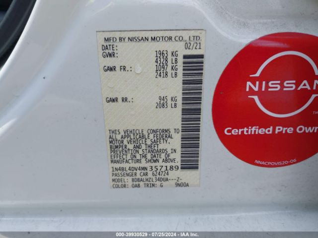 1N4BL4DV4MN357189 Nissan Altima Sv Fwd