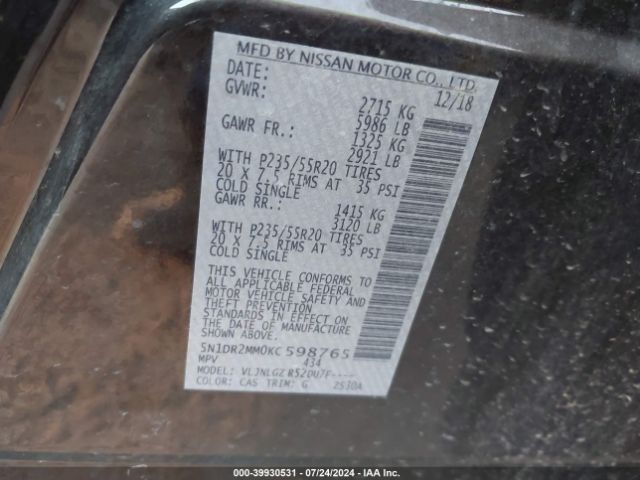 5N1DR2MM0KC598765 Nissan Pathfinder Sl