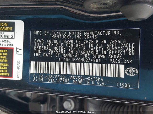 Toyota CAMRY SE 2017 4T1BF1FK9HU274884 Image 9