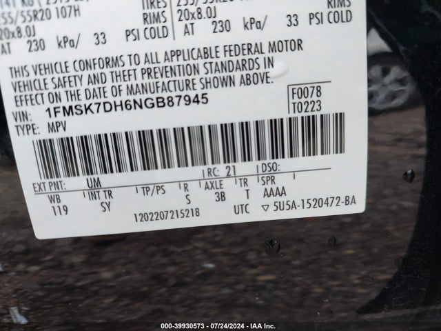Ford EXPLORER XLT 2022 1FMSK7DH6NGB87945 Image 9