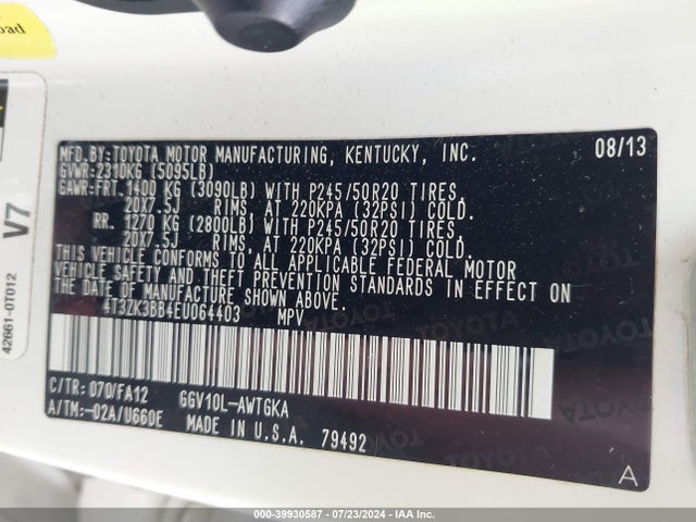 Toyota Venza Le V6 2014 4T3ZK3BB4EU064403 Image 9