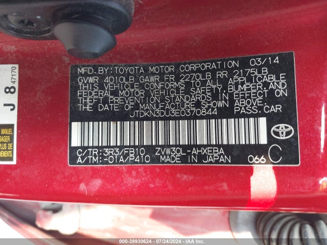 Toyota Prius Five/four/three/two 2014 JTDKN3DU3E0370844 Image 9