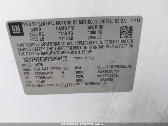 3GYFNEE39FS564172 Cadillac Srx Luxury Collection