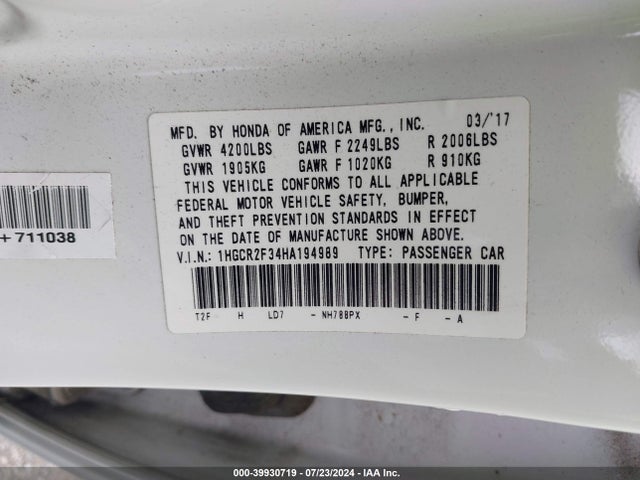 Honda ACCORD LX 2017 1HGCR2F34HA194989 Image 9