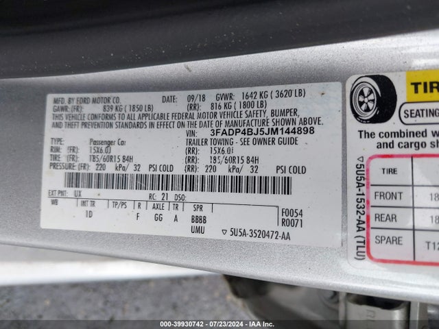 Ford FIESTA SE 2018 3FADP4BJ5JM144898 Image 9