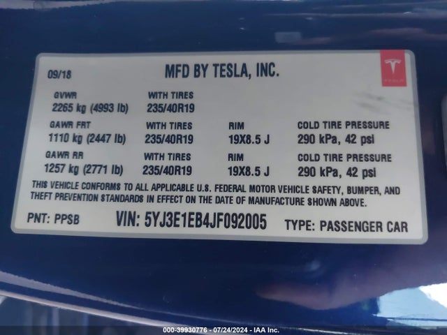 5YJ3E1EB4JF092005 Tesla Model 3 Long Range/performance
