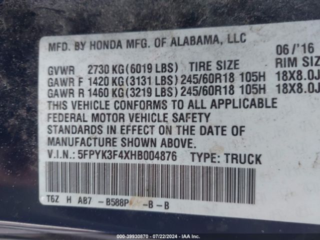 5FPYK3F4XHB004876 Honda Ridgeline Rts