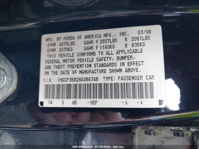 Aukcja sprzedaży 2008 Honda Accord 3.5 Ex-l, vin: 1HGCP36828A086748, numer aukcji: 39930929