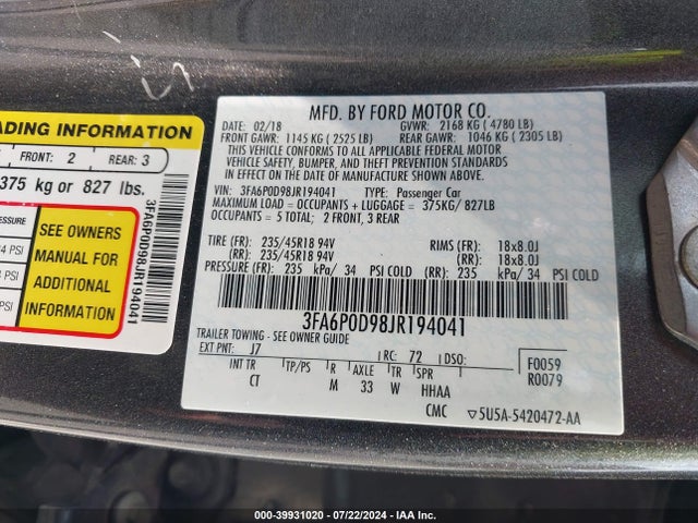 Ford Fusion Titanium 2018 3FA6P0D98JR194041 Image 9