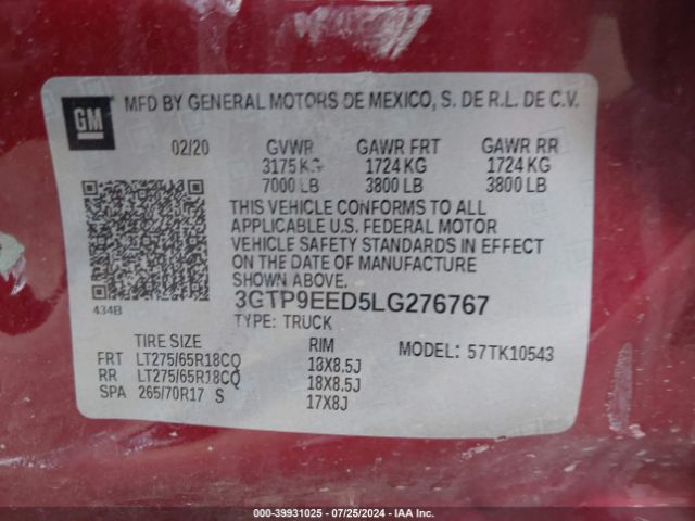 3GTP9EED5LG276767 GMC Sierra 1500 4wd  Short Box At4