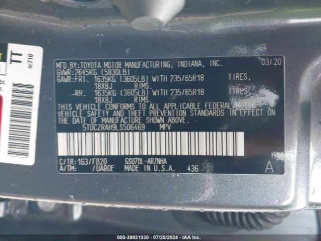 5TDCZRAH9LS506469 Toyota Highlander L