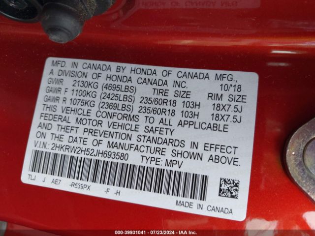 2HKRW2H52JH693580 Honda CR-V EX