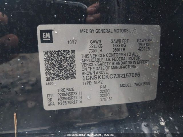 1GNSKCKC7JR157086 Chevrolet Tahoe Premier