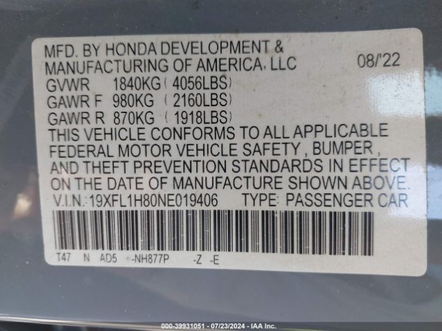 19XFL1H80NE019406 Honda Civic Sport Touring