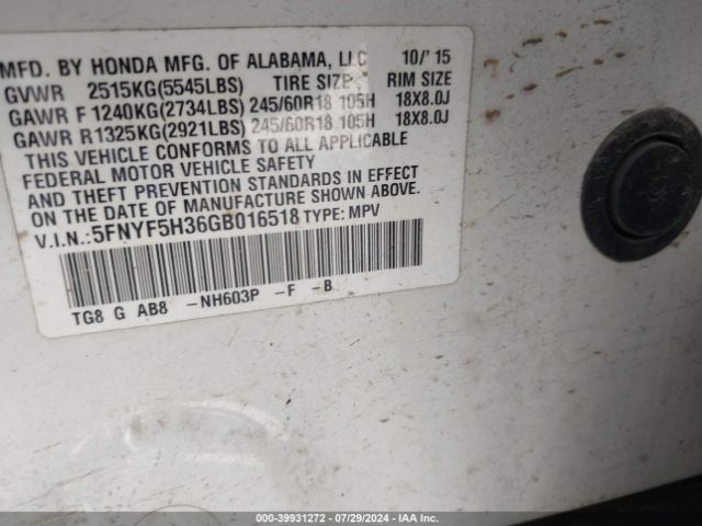 5FNYF5H36GB016518 Honda Pilot Ex
