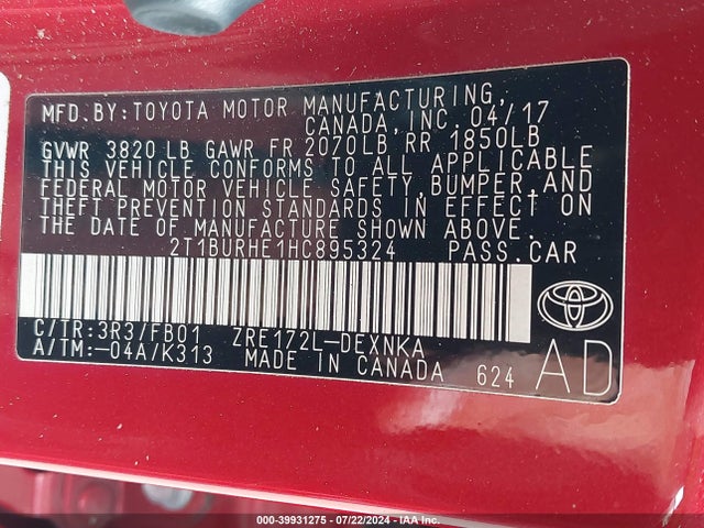 Toyota COROLLA LE 2017 2T1BURHE1HC895324 Image 9