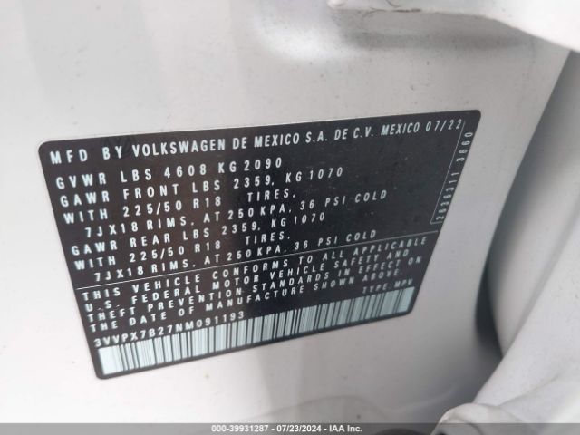 3VVPX7B27NM091193 Volkswagen Taos 1.5t Se