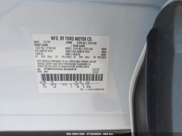 Ford EDGE SE 2020 2FMPK3G92LBA26418 Image 9