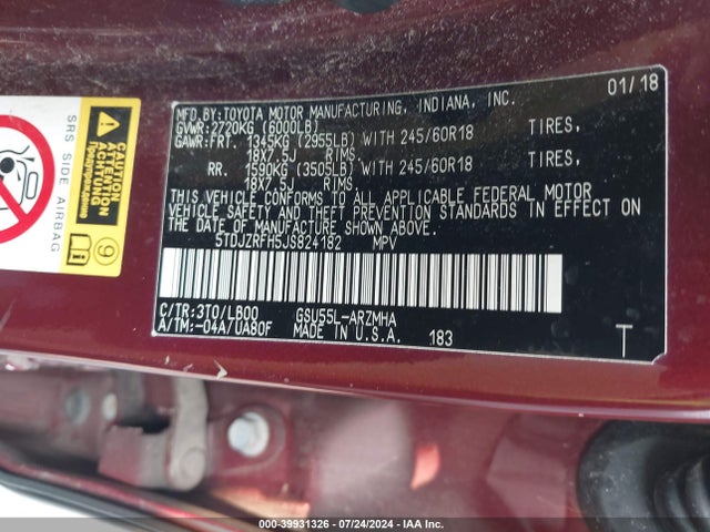 Toyota Highlander Xle 2018 5TDJZRFH5JS824182 Image 9