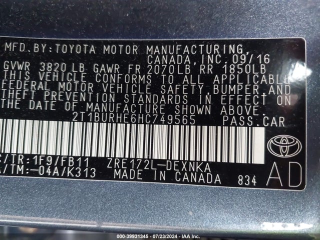 Toyota COROLLA LE 2017 2T1BURHE6HC749565 Image 9