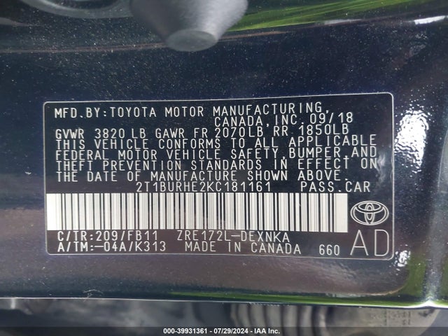 Toyota COROLLA LE 2019 2T1BURHE2KC181161 Image 9
