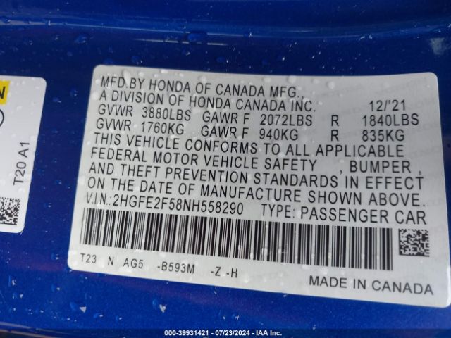 2HGFE2F58NH558290 Honda Civic Sport