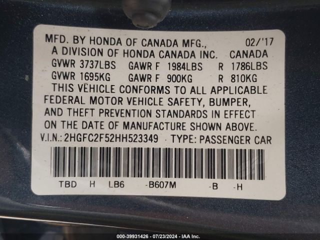 2HGFC2F52HH523349 Honda Civic Lx
