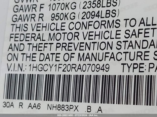 1HGCY1F20RA070949 Honda ACCORD LX