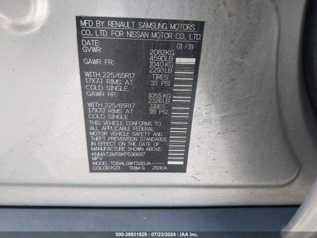Nissan ROGUE SV 2019 KNMAT2MT6KP536697 Image 9