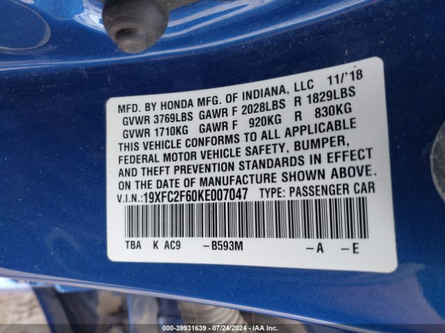 19XFC2F60KE007047 Honda Civic Lx