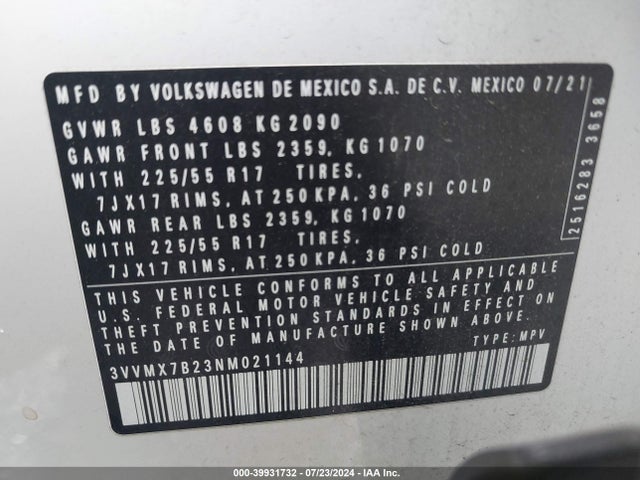 3VVMX7B23NM021144 Volkswagen Taos 1.5t S